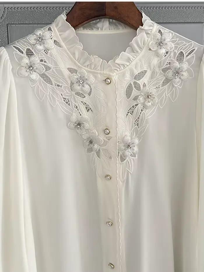 QOERLIN – chemisier de luxe en mousseline de soie pour femme, Chic, coréen, ajouré, élégant, col à volants, broderie florale