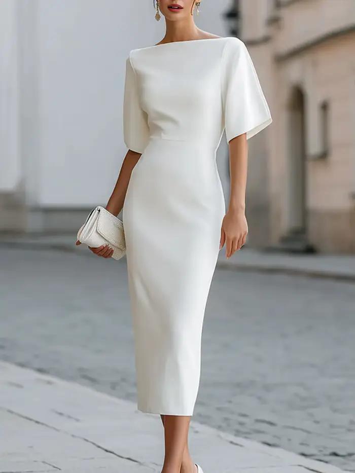 Robe midi moulante à col bateau et manches courtes, élégante et ajustée, style crayon