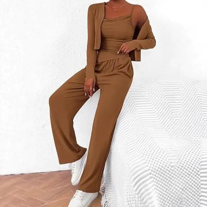 Ensemble trois pièces Cardigan pour femme, gilet décontracté avec pantalon à jambes larges, pour les déplacements, automne et hiver 2025