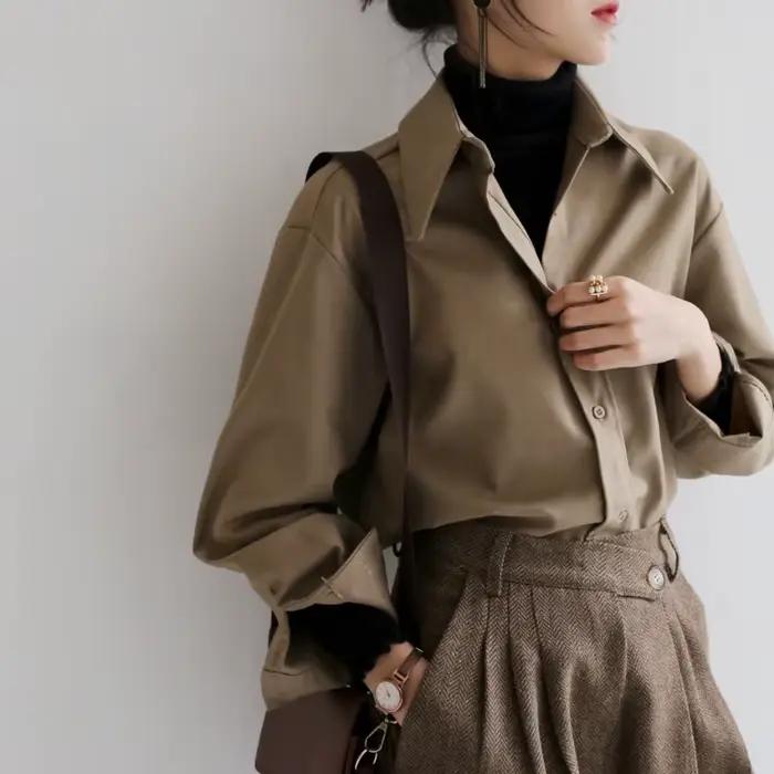 QOERLIN café Blouse femmes printemps automne décontracté couleur unie à manches longues chemise femmes coréen chemise ample OL Style vêtements de travail S-XL