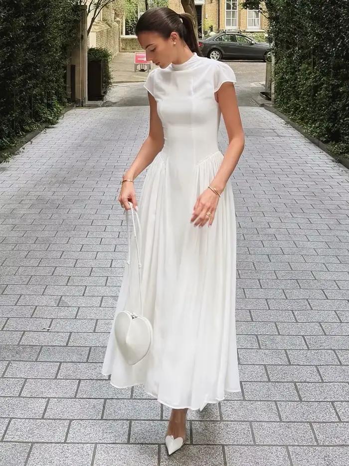 Robe longue moulante à col semi-montant pour femme, couleur unie, manches courtes, taille cintrée, coupe trapèze, élégante, nouvelle collection