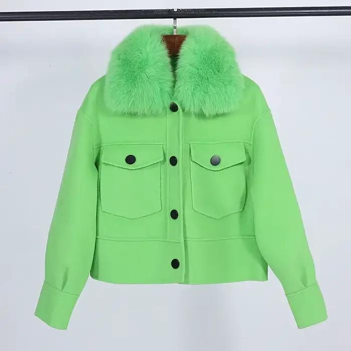 Manteau court décontracté pour femme avec col en fourrure de renard
