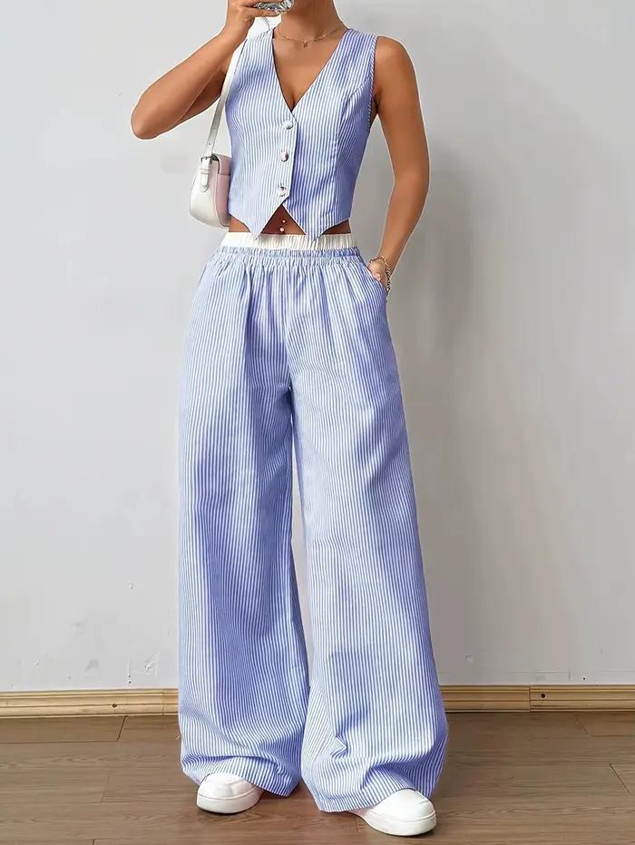 2025 nouveau élégant rayé sans manches col en v gilet + taille contraste couleur pantalon deux pièces ensemble été femmes ensembles mode costume haut