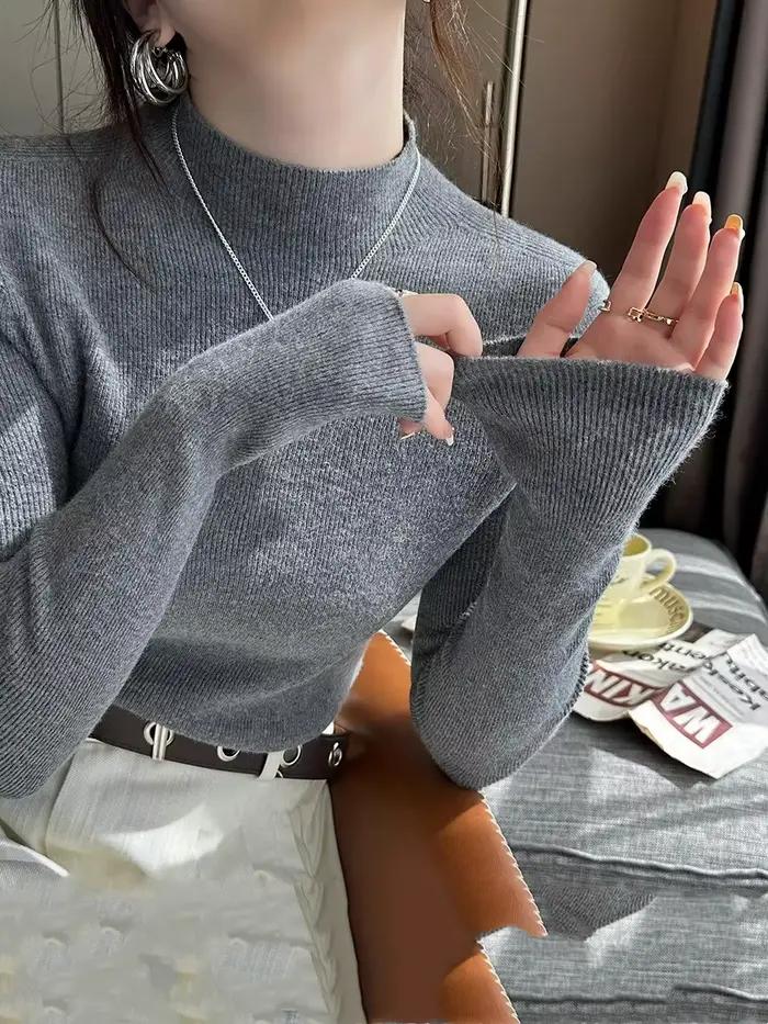 Pull jaune clair femme manches longues tricot côtelé col montant