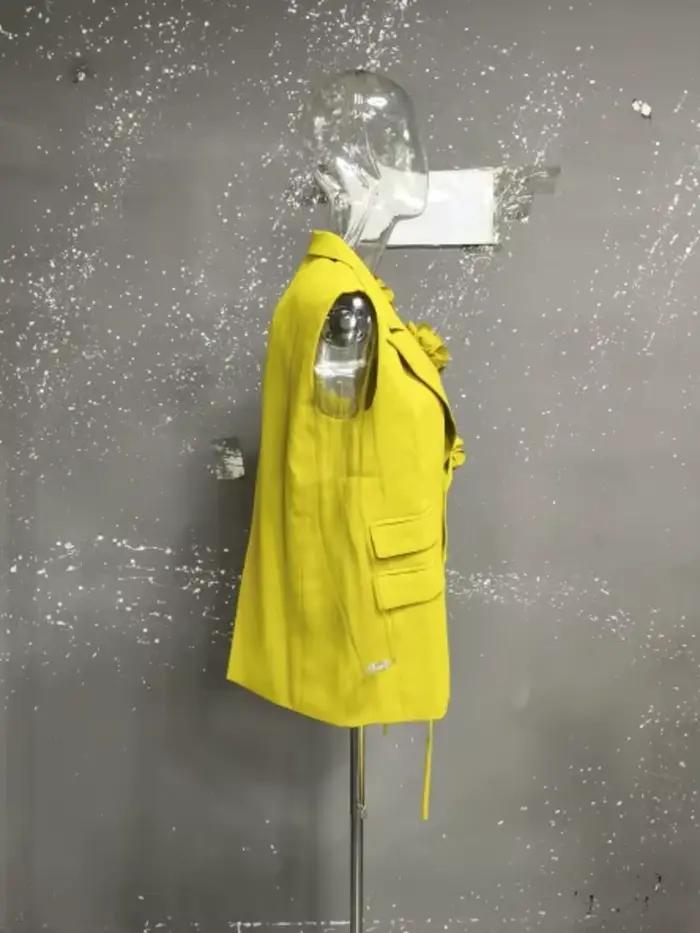 Gilet EAM en coton polyester jaune col rabattu pour femmes style streetwear toutes saisons occassions festive et quotidienne
