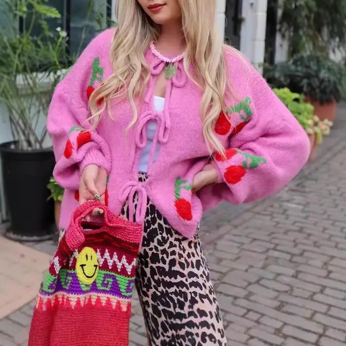 Veste Cardigan tricotée en Jacquard cerise pour femmes