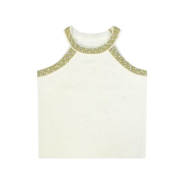 Femmes été Crochet sans manches pull gilet col rond perle or mode coréenne tricot débardeurs décontracté ample haut caraco