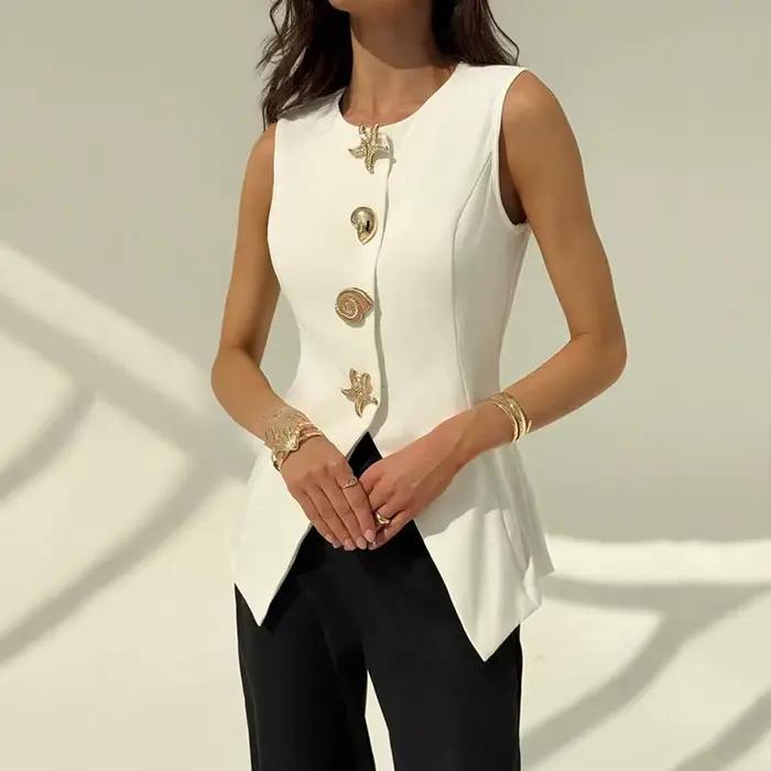 KUCLUT 2025 nouvelle mode col en v simple boutonnage gilet pour les femmes élégant polyvalent taille fendue conception débardeurs femme 1A674