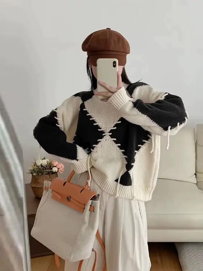 Lingge élégant cordon femmes pulls solide col rond tricoté manches longues chandails femme 2025 automne rue dame pull