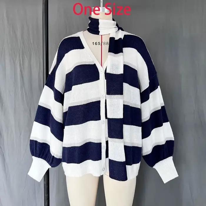 TARUXY mode rayé pull Cardigan avec écharpe femme ample mince creux haut tricoté lanterne manches contraste couleur