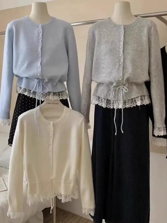 Pull tricoté femmes 2025 automne nouveauté perles boutons dentelle Patchwork chandails pulls Style coréen décontracté vêtements d'extérieur hauts