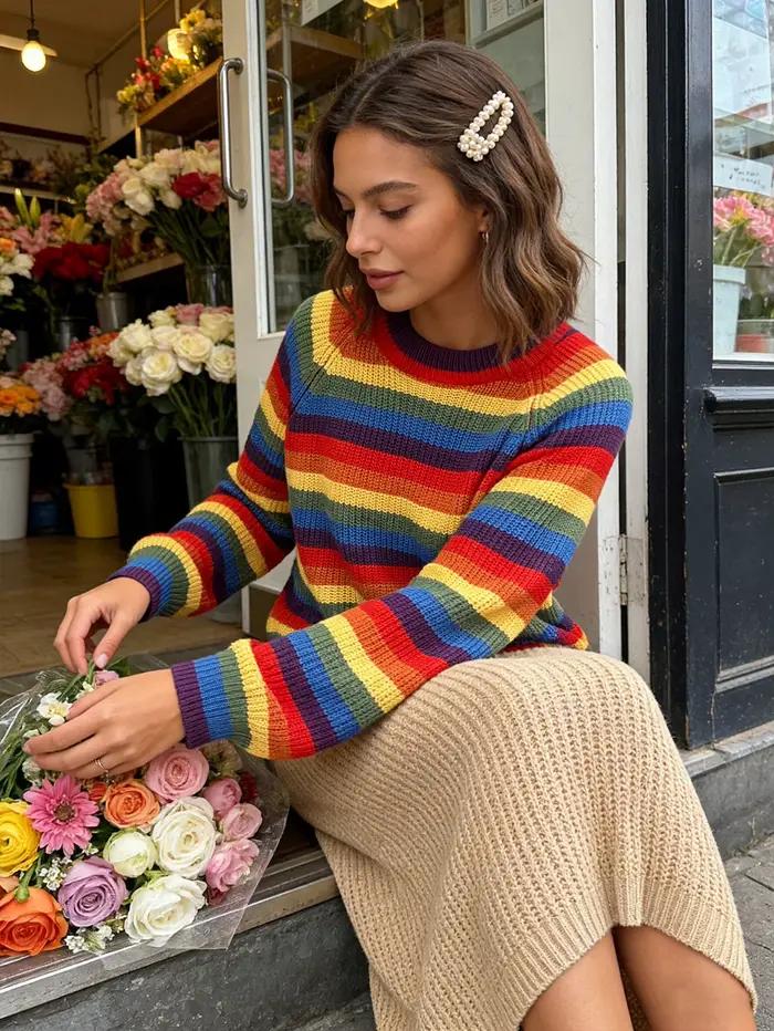Nouveau Pull Femme 2026 Rayé Arc-en-ciel Vintage Ample Tricoté Manches Longues Décontracté
