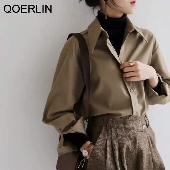 QOERLIN café Blouse femmes printemps automne décontracté couleur unie à manches longues chemise femmes coréen chemise ample OL Style vêtements de travail S-XL