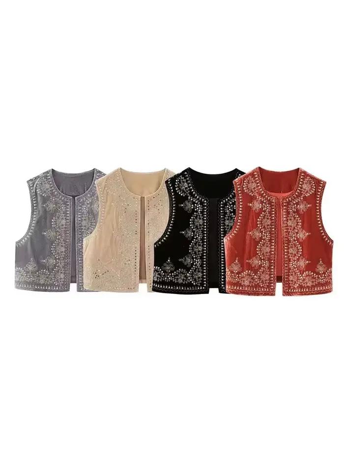 Gilet Vintage Automne en Velours Brodé Col en V Chic pour Femmes Occasions Spéciales Automne Hiver Polyester Coton
