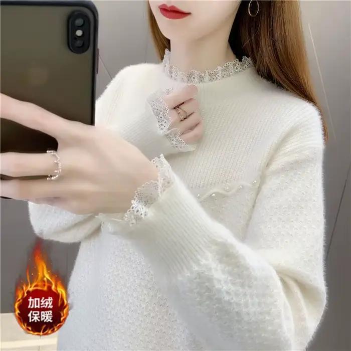 Pull en patchwork de dentelle à manches longues pour femmes