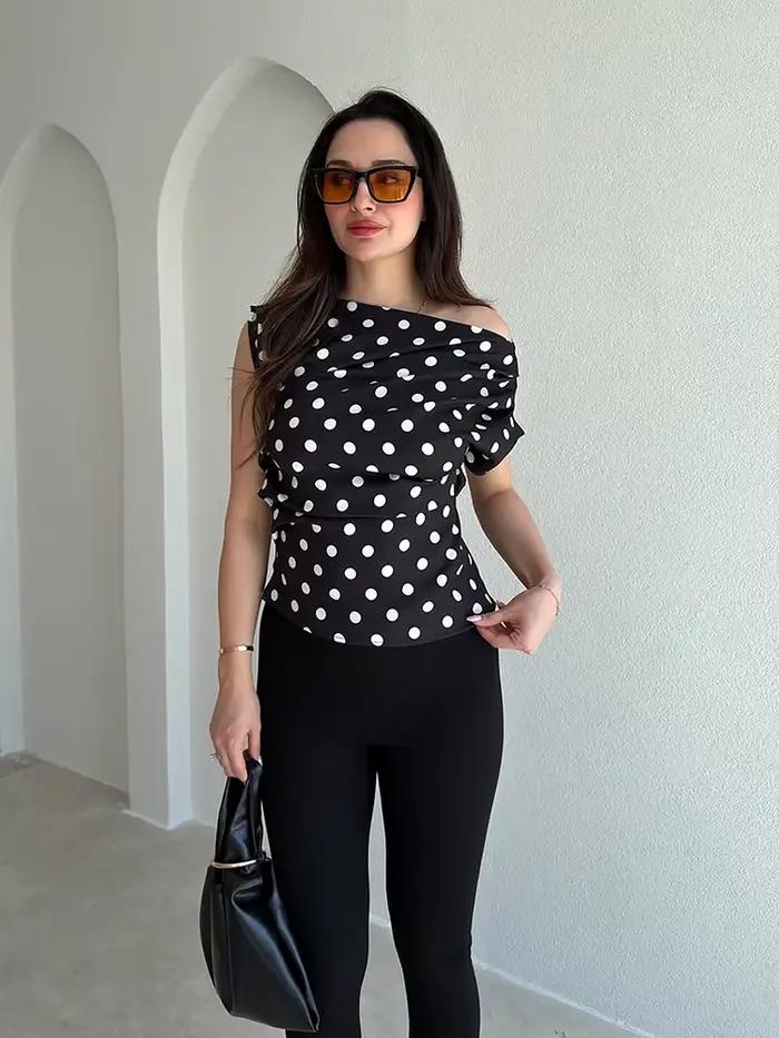 Nibber Y2k Gilet Femmes Polka Dot Imprimer Col Asymétrique Plis D'été Mode Loisirs Quotidien Simple Classique Parti Streetwear