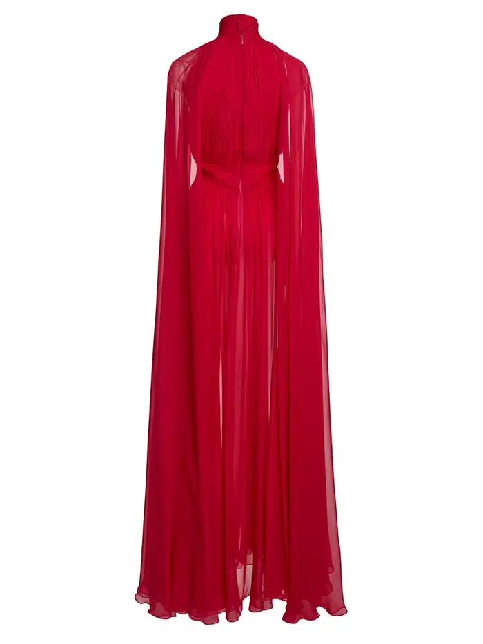 Robe de soirée rouge en mousseline de soie, col haut, manches Cape, robe Maxi plissée élégante pour Occasions formelles, robe longue de bal de qualité