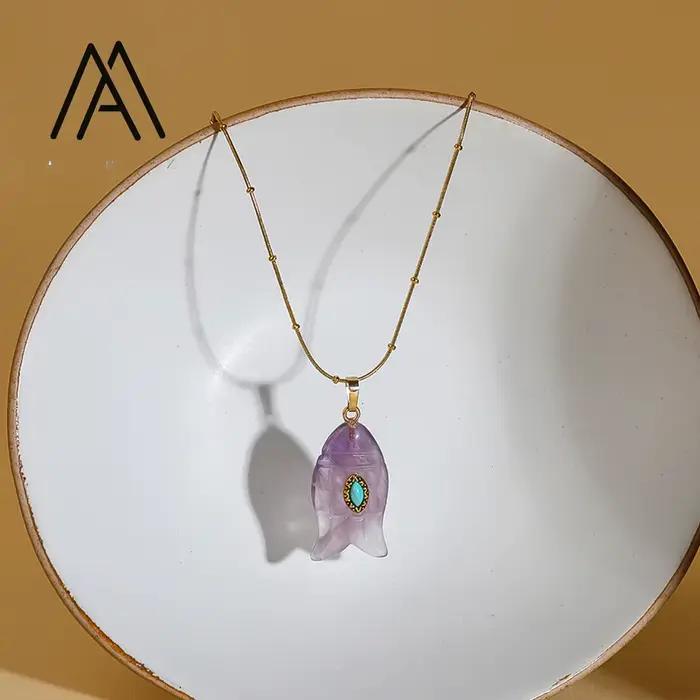 Collier en forme de poisson améthyste naturelle Malachite pendentif colliers bohème Mini collier Style unisexe usage quotidien de fête bijoux