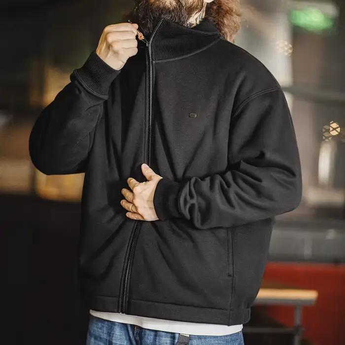 Maden Veste masculine à col haut chaude Doublure polaire épaisse vêtement extérieur Cardigan sportif style décontracté Veste tennis rétro