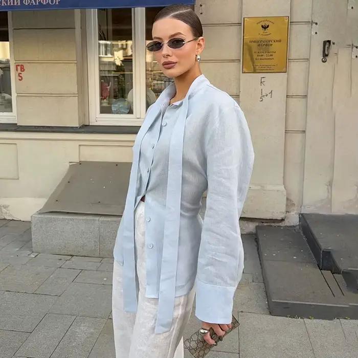 Linad élégant bleu coton écharpe col Blouse femme bureau rouge simple boutonnage chemises