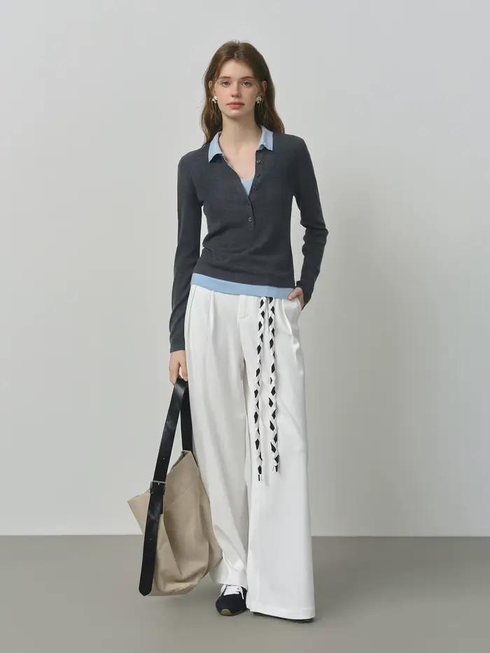 FSLE 2025 nouveau automne femmes pull tricoté couleur bloc Barenia Style faux deux pièces col tournant Vintage confortable câble haut en tricot