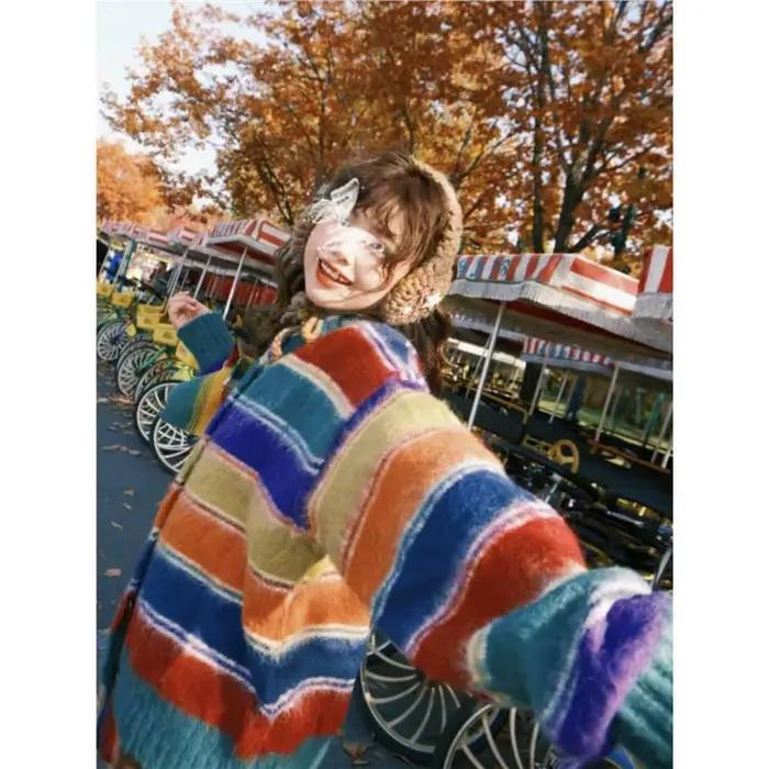 Cardigan de Style japonais à rayures arc-en-ciel