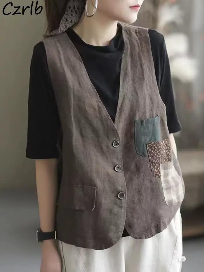 Gilets femmes Patchwork poches Vintage rétro respirant décontracté Chic Design élégant mode Style coréen vêtements de rue Ins nouveau confortable