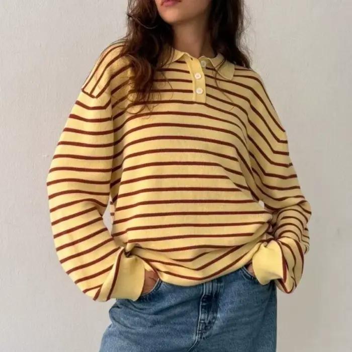 Y2k Vintage côtelé tricoté rayé col pull ample à manches longues