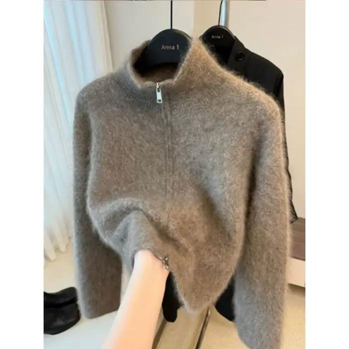 Maillard – veste Cardigan tricotée en Mohair marron avec fermeture éclair pour femme