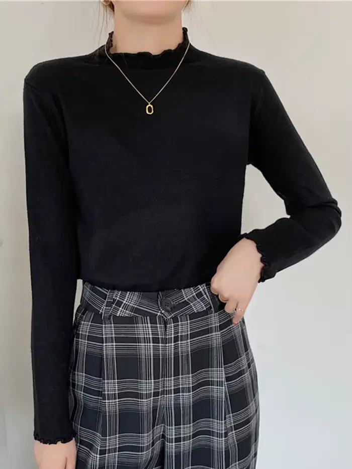 AOSSVIAO 2026 Nouveau Pull Femme Automne Hiver Manches Longues Haut Basique Mode Froncé Élastique Tricoté Uni