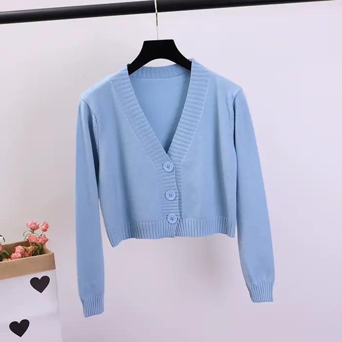Cardigan court à col en V pour femmes, noir, blanc, simple boutonnage, GD153