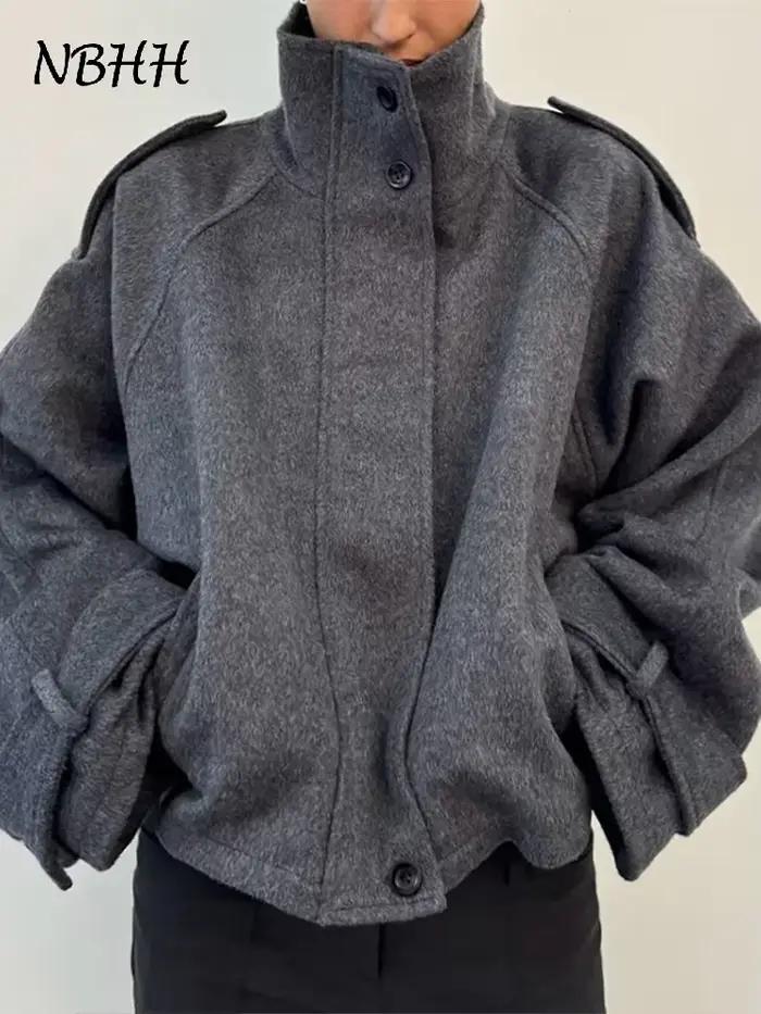 Manteau en laine ample à col montant pour femme
