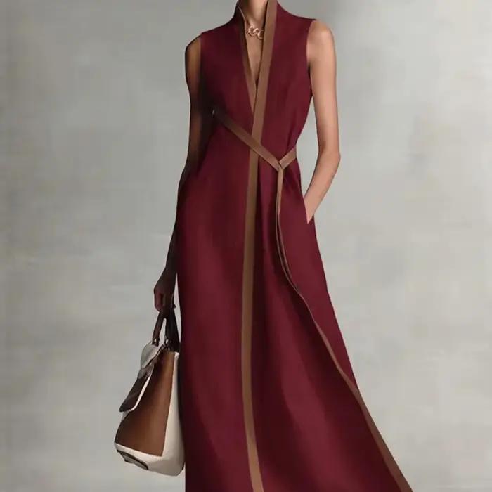 Robe en lin color block pour femme, col montant, sans manches, en coton, tenue longue printemps-été