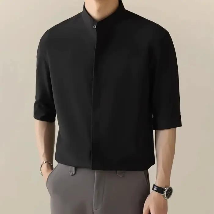 Chemise blanche pour homme à col mandarin, manches courtes, coupe décontractée, style business