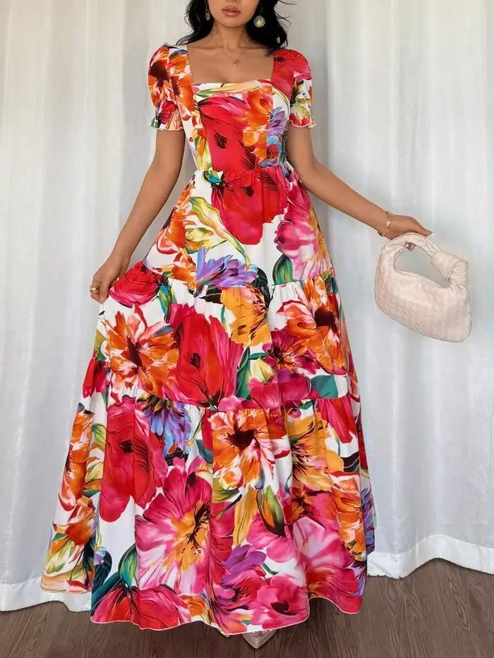 Robe longue maxi à col carré imprimée numériquement rouge, élégante robe d'été pour femmes, idéale pour le quotidien et les rendez-vous romantiques