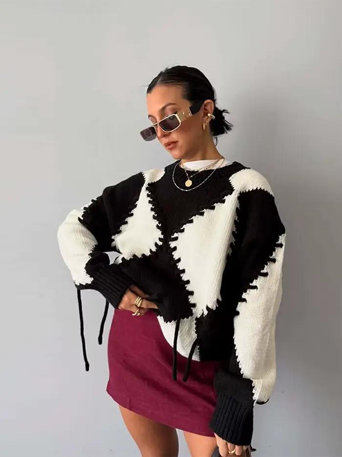 Lingge élégant cordon femmes pulls solide col rond tricoté manches longues chandails femme 2025 automne rue dame pull
