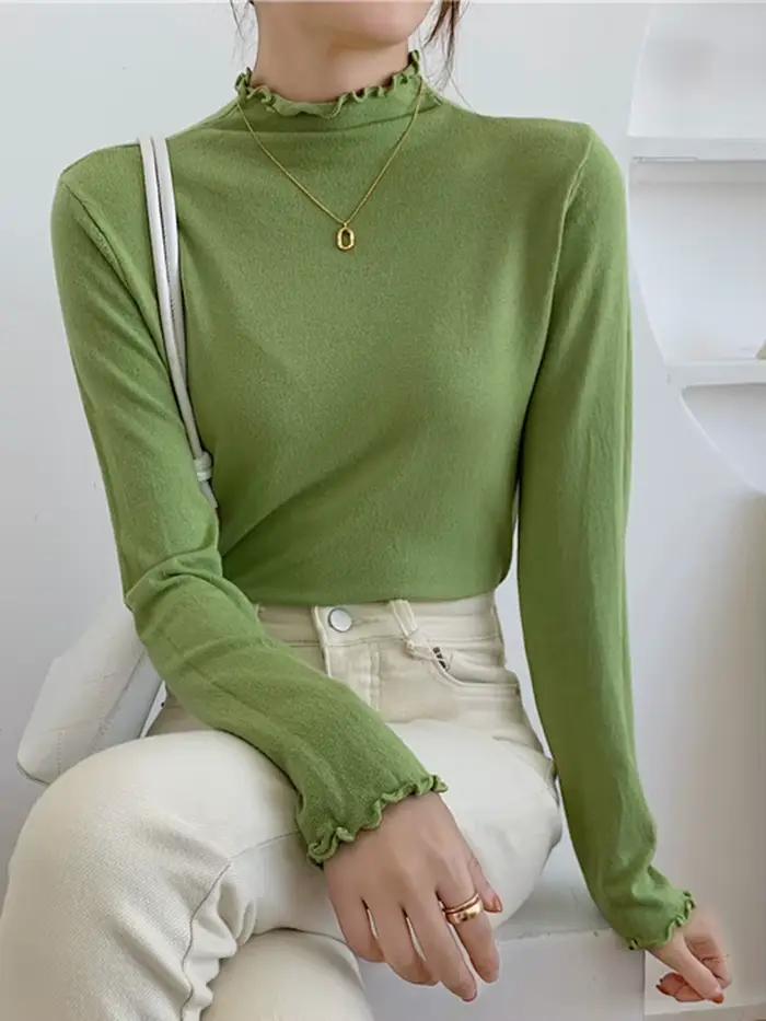 AOSSVIAO 2026 Nouveau Pull Femme Automne Hiver Manches Longues Haut Basique Mode Froncé Élastique Tricoté Uni