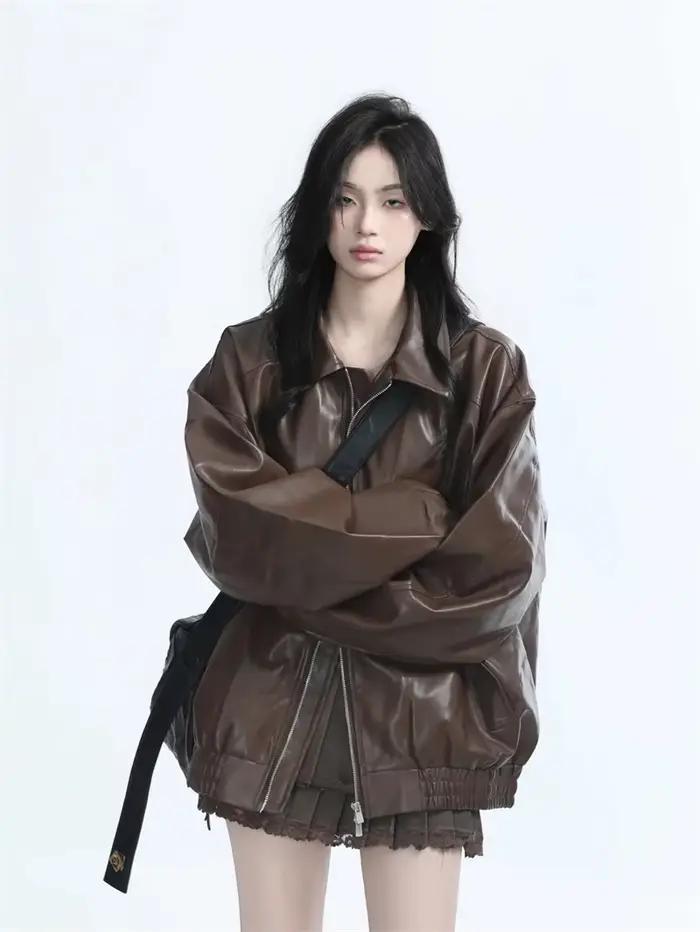 Nouvelle veste en cuir PU marron style locomotive pour femme