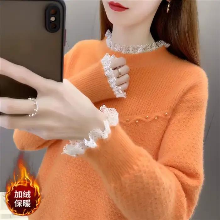 Pull en patchwork de dentelle à manches longues pour femmes
