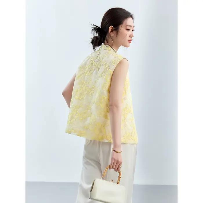 Gilet Femme Vimly Été 2026 Décontracté Broderie Florale Jaune Col Montant Occasions Spéciales et Journées Estivales