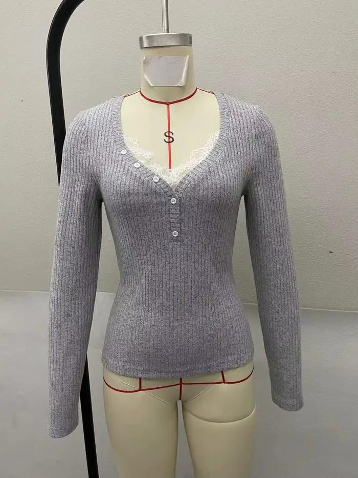 Pulls en dentelle tricotés à col en V pour femmes