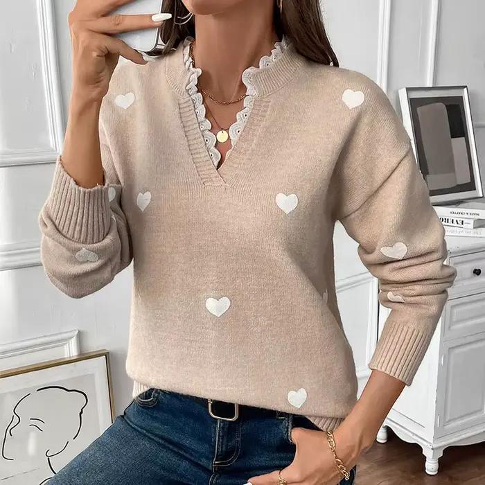 Pull en tricot à col en V avec dentelle épissée