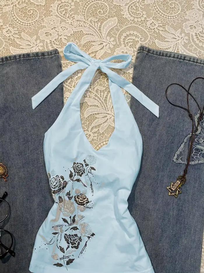 Gilet Camisole imprimé Vintage américain bleu Rose pour femmes