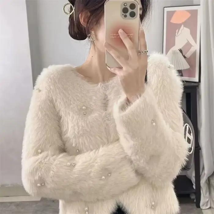 Cardigan en velours pour femme, style streetwear, coupe ample, col en V, avec volants, pour automne et hiver, nouveau modèle 2025, haute qualité
