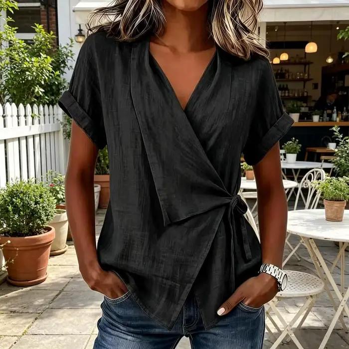 T-shirt Femme Nouveau Style Décontracté Col Montant à Nouer Col en V Asymétrique Manches Courtes avec Liens Latéraux Coupe Ample Irrégulière