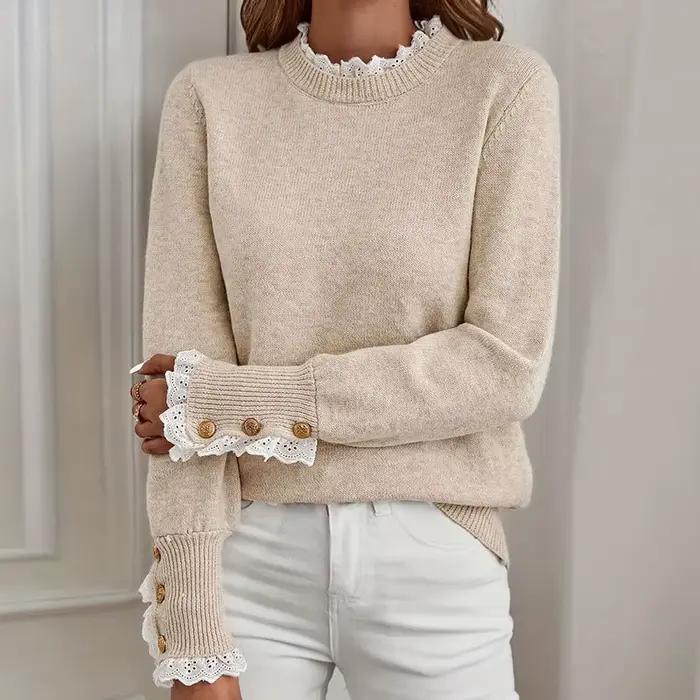 Pull en tricot pour femme avec dentelle, col rond, manches longues et boucle