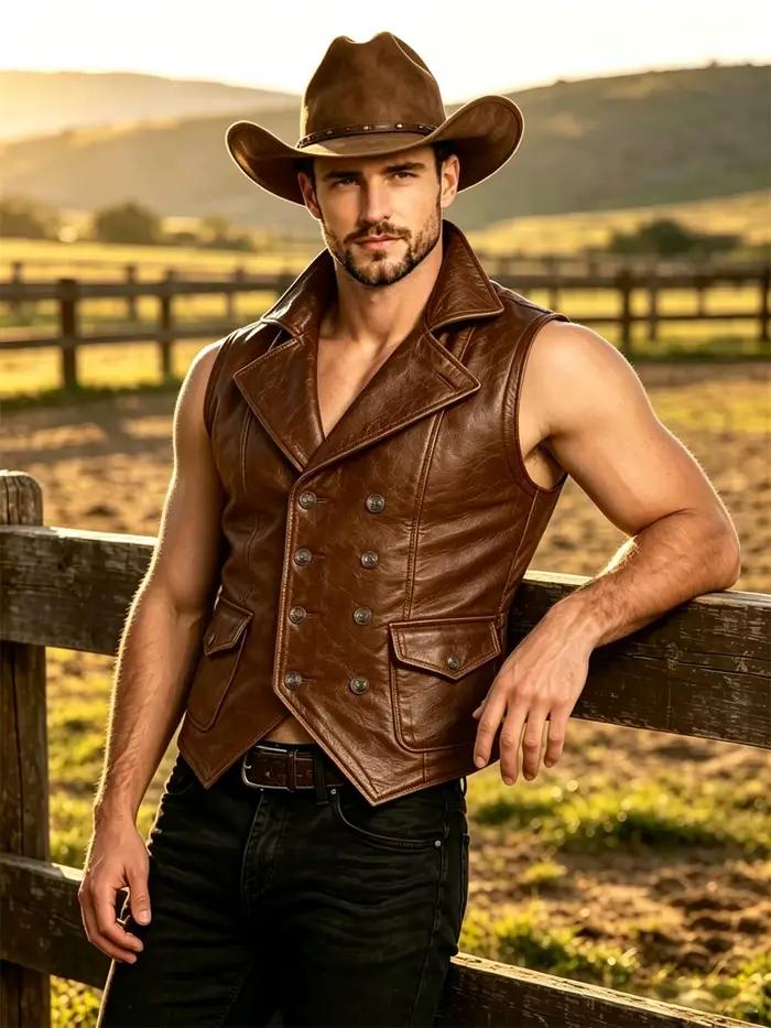 Gilet en cuir pour homme, style vintage western, coupe ajustée, double boutonnage, col à revers, sans manches, mode streetwear moto