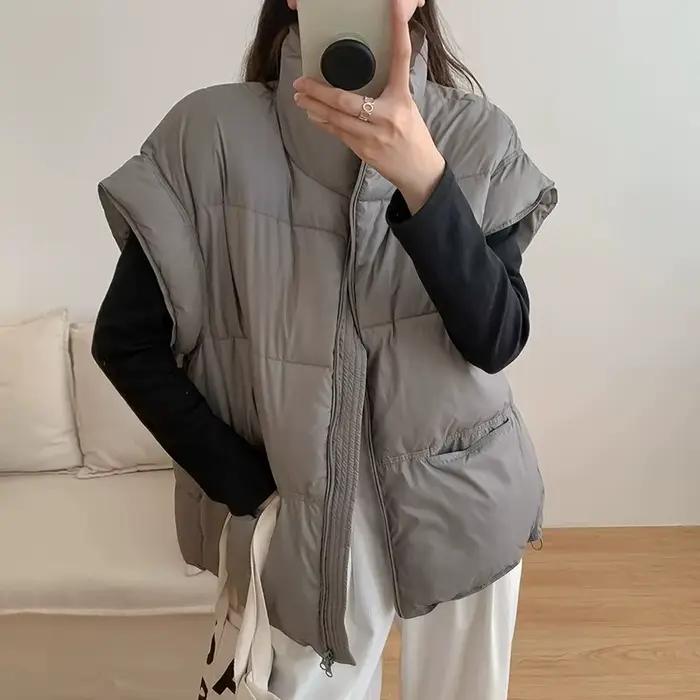 Gilet femme 2025 automne hiver veste sans manches manteau ample court col montant vers le bas coton