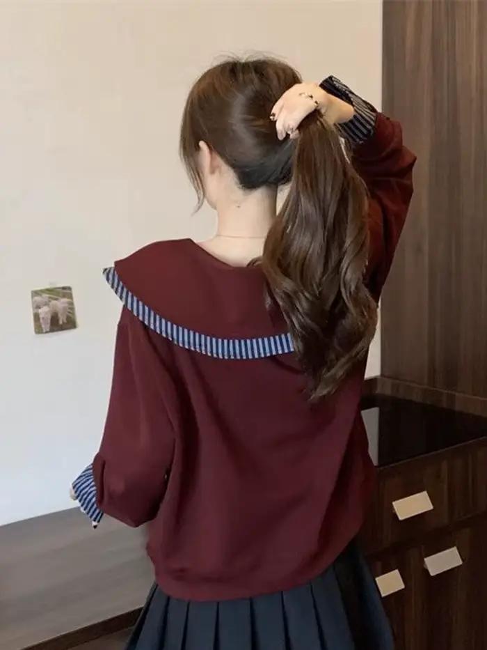 Sweat-shirt à col marin japonais pour femmes style préppy patchwork printemps automne ample manches longues deux hauts kawaii vintage