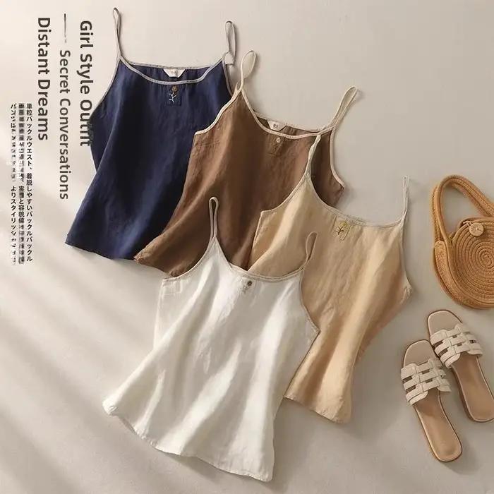Gilet rétro brodé en lin pour femme style décontracté été ample et amincissant confortable et décontracté pour sorties et événements